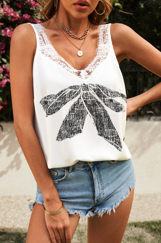 Lace Detail Bow Graphic V-Neck Tank