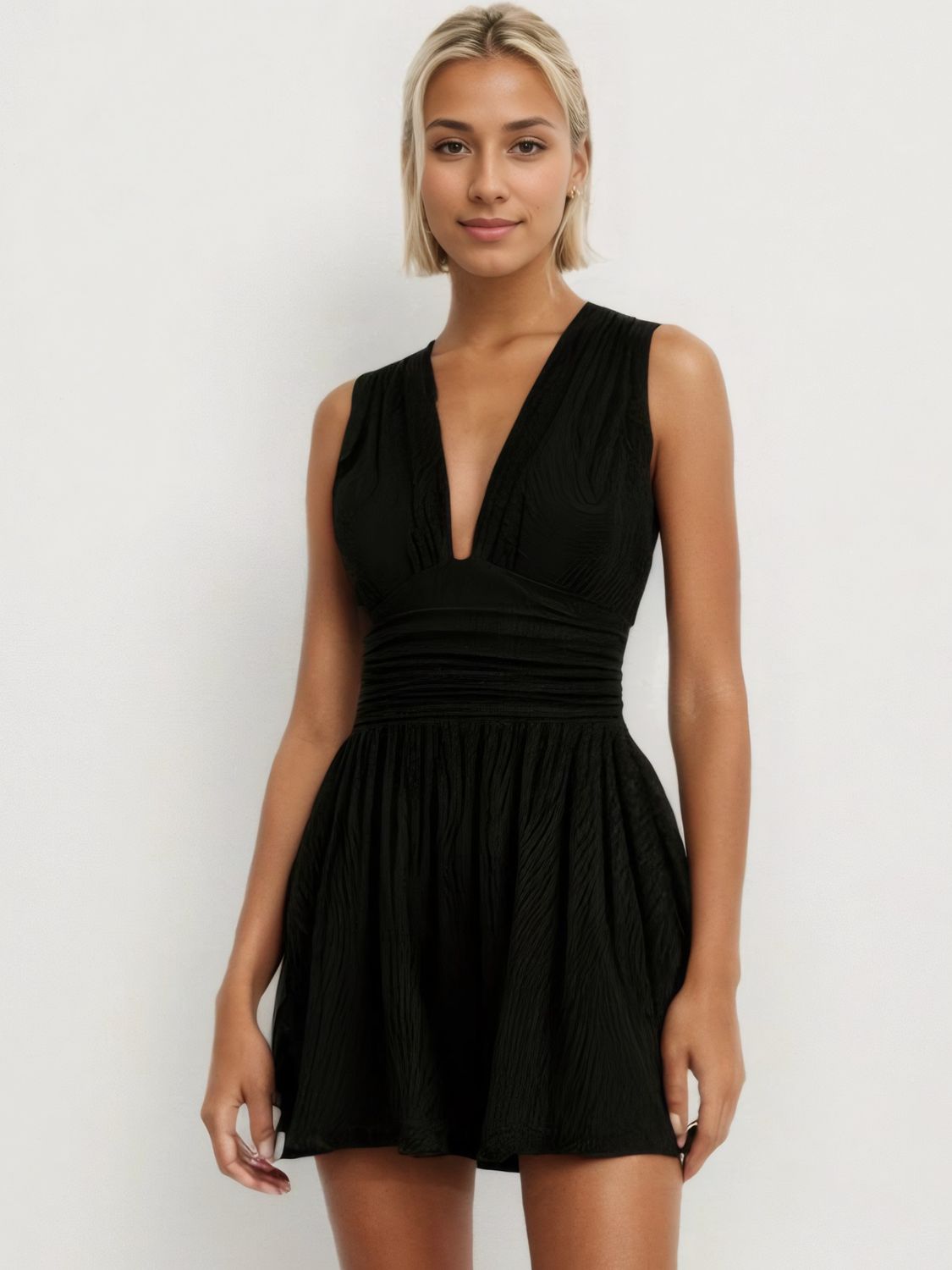 Ruched Plunge Sleeveless Romper