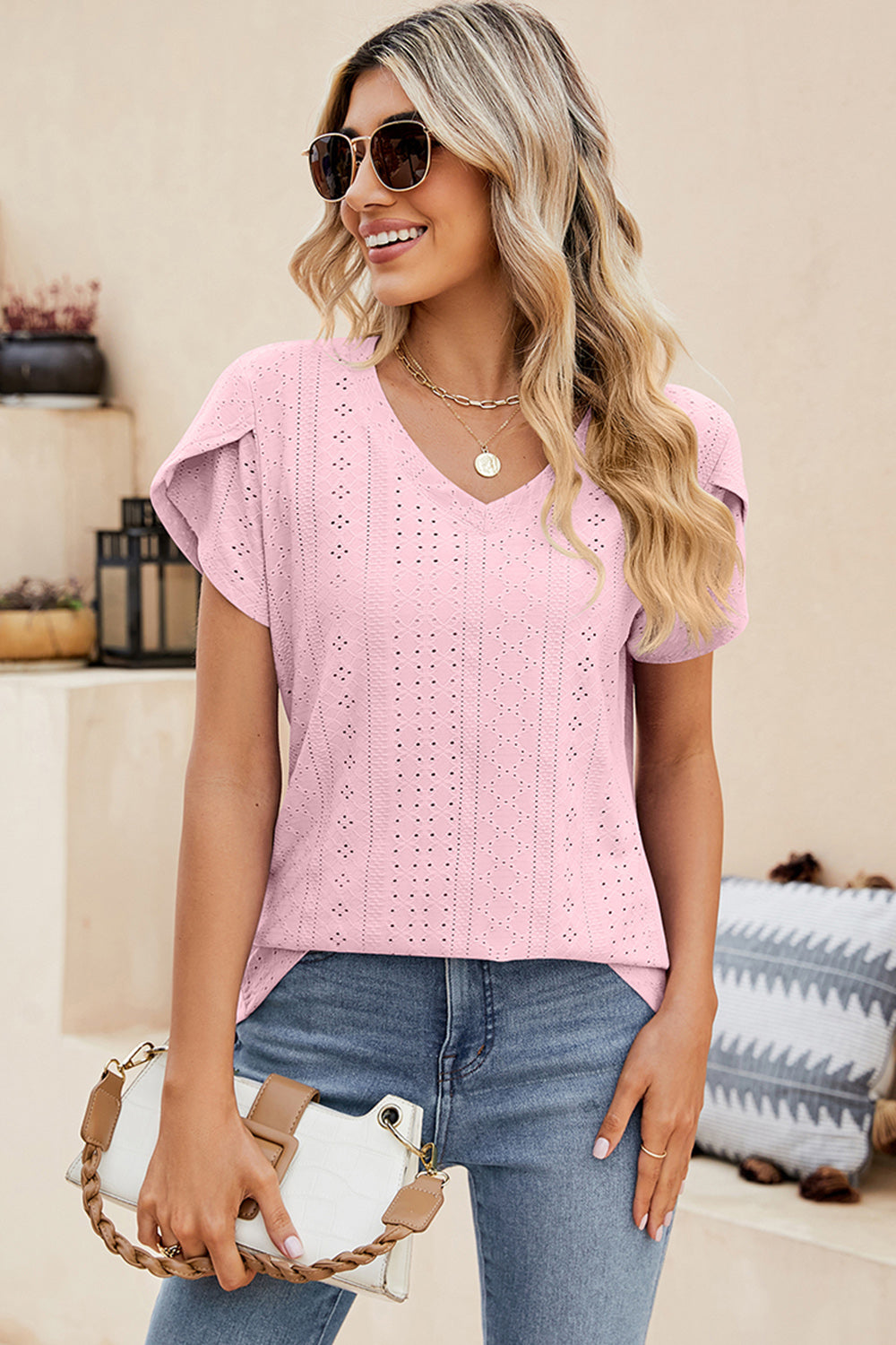 Eyelet V-Neck Petal Sleeve T-Shirt